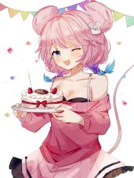 Rule 34 | 1girl, animal ears, black bra, blue eyes, blush, bra, braid, breasts, cake, cleavage, collarbone, commentary, commission, emiri kura, english commentary, food, fruit, gradient hair, highres, holding, holding plate, indie virtual youtuber, medium breasts, mouse ears, mouse girl, mouse hair ornament, mouse tail, multicolored hair, off-shoulder sweater, off shoulder, open mouth, pink hair, pink skirt, pink sweater, plate, second-party source, skirt, smile, solo, sorani (kaeru0768), strawberry, sweater, tail, twin braids, underwear, virtual youtuber
