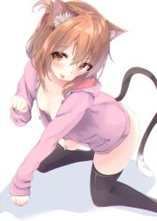 Rule 34 | 10s, 1girl, :p, all fours, animal ears, black thighhighs, brown eyes, brown hair, cat ears, cat tail, commentary request, downblouse, fingernails, flat chest, folded ponytail, hamaru (s5625t), head tilt, hood, hood down, hoodie, inazuma (kancolle), kantai collection, kemonomimi mode, long hair, long sleeves, looking at viewer, naked hoodie, no bra, paw pose, pocket, shadow, simple background, smile, solo, tail, thighhighs, tongue, tongue out, white background