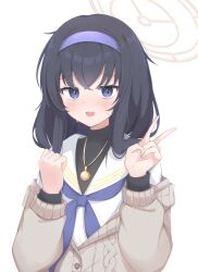 Rule 34 | 1girl, black hair, blue archive, blue eyes, blush, cardigan, commentary, hairband, halo, jewelry, long hair, long sleeves, looking at viewer, neckerchief, necklace, nose blush, off shoulder, open mouth, preste, school uniform, serafuku, smile, solo, sweat, turtleneck, ui (blue archive), upper body, v