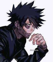 Rule 34 | 1boy, artist name, black hair, black jacket, boku no hero academia, burn scar, cheek piercing, dabi (boku no hero academia), highres, jacket, jewelry, male focus, multiple scars, piercing, profile, ring, scar, scar on neck, sharl0ck, simple background, solo, spiked hair, staple, stapled, stitches, upper body, white background