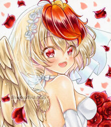 1girl animal animal_on_head bird bird_on_head blonde_hair blush breasts bridal_veil chick dress flower from_side hashtag-only_commentary looking_at_viewer marker_(medium) multicolored_hair nekofish666 niwatari_kutaka on_head open_mouth petals red_eyes red_flower solo touhou traditional_media twitter_username two-tone_hair upper_body veil wedding_dress yellow_wings