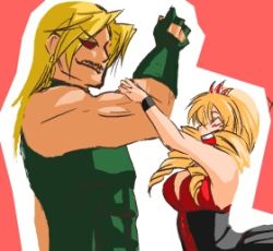 Rule 34 | 1boy, 1girl, age difference, bare shoulders, blonde hair, breasts, dress, drill hair, facial hair, father and daughter, gloves, long hair, lowres, muscular, mustache, one-eyed, open mouth, red eyes, rose bernstein, rugal bernstein, simple background, size difference, smile, snk, the king of fighters, wristband