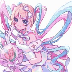 Rule 34 | 1girl, 4 74obake, blonde hair, blue eyes, blue hair, bouquet, bow, chouzetsusaikawa tenshi-chan, commentary, cowboy shot, detached sleeves, dress, english commentary, flower, gloves, hair bow, highres, holding, holding bouquet, long hair, looking at viewer, multicolored hair, needy girl overdose, official alternate costume, open mouth, pink hair, pixel art, quad tails, simple background, smile, solo, tulip, v, white background, white dress, white gloves