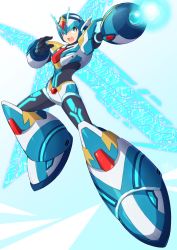 Rule 34 | 1boy, android, aqua eyes, armor, commentary, dive armor x (mega man), full body, glowing, helmet, knee up, legs apart, looking to the side, male focus, mechanical parts, mega man (series), mega man x (series), mega man x dive, open mouth, robot, simple background, solo, teeth, tobitori, two-tone background, upper teeth only, wings, x (mega man)