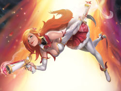 Rule 34 | 1girl, alternate costume, bare shoulders, boots, breasts, cleavage, detached collar, detached sleeves, dress, dual wielding, falling, full body, green eyes, gun, hair ornament, hair over one eye, handgun, high heel boots, high heels, highres, holding, large breasts, league of legends, lips, lipstick, long hair, makeup, miss fortune (league of legends), nail polish, narrow waist, orange hair, red lips, smoke, smoking gun, solo, star (symbol), star guardian (league of legends), star guardian miss fortune, star hair ornament, strapless, strapless dress, sunghoon hong, thigh boots, thighhighs, trigger discipline, upside-down, very long hair, weapon, white footwear