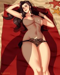 Rule 34 | 1girl, absurdres, arm up, artist name, asami sato, avatar legends, beach, black hair, black panties, commentary, commission, danfer3, eyeshadow, green eyes, hand up, highres, lace, lace panties, legs together, lips, long hair, looking at viewer, lying, makeup, mixed-language commentary, navel, nipples, on back, panties, red lips, sand, shadow, shell, side-tie panties, solo, starfish, stomach, the legend of korra, topless, towel, underwear, underwear only