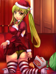 Rule 34 | 1girl, :p, alec, ass, bell, breasts, c.c., christmas, clothes lift, code geass, food, from behind, green eyes, hand on ass, hat, high heels, highres, kneeling, long hair, looking at viewer, looking back, panties, pizza, santa costume, santa hat, shiny skin, sideboob, skirt, skirt lift, solo, striped clothes, striped thighhighs, thighhighs, tongue, tongue out, twintails, underwear, yellow eyes