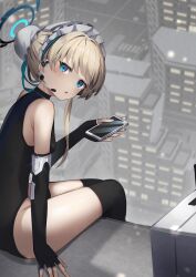 Rule 34 | 1girl, absurdres, armpit crease, bare shoulders, black gloves, black leotard, black thighhighs, blonde hair, blue archive, blue eyes, blurry, blurry background, breasts, building, bun cover, cellphone, commentary request, e buki, earpiece, elbow gloves, fingerless gloves, frilled hairband, frills, from behind, glint, gloves, hair bun, hairband, halo, highres, holding, holding phone, leotard, light blush, looking at viewer, looking back, maid headdress, outdoors, over-kneehighs, parted lips, phone, rooftop, single hair bun, sitting, sleeveless turtleneck leotard, small breasts, smartphone, solo, thighhighs, thighs, toki (blue archive), turtleneck, white hairband