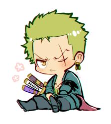 Rule 34 | 1boy, 89gino05, angry, blush, chibi, earrings, green hair, jewelry, male focus, one eye closed, one piece, open clothes, roronoa zoro, scar, scar across eye, scar on chest, scar on face, short hair