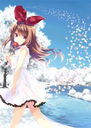 Rule 34 | 1girl, absurdres, blush, brown hair, bug, butterfly, closed mouth, dress, flower, frilled dress, frills, from side, hair ribbon, head tilt, highres, holding, holding flower, bug, ohara tometa, original, outdoors, purple eyes, red ribbon, ribbon, sleeveless, sleeveless dress, smile, solo, tree, water, white dress