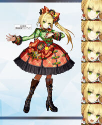 Rule 34 | 1girl, alternate costume, badge, blonde hair, boots, button badge, closed mouth, cross-laced footwear, detached sleeves, earrings, expressions, fate/grand order, fate (series), fingernails, frilled sleeves, frills, full body, green eyes, hair ornament, heart, heart earrings, high heel boots, high heels, highres, jewelry, knees up, lace-up boots, long hair, long sleeves, looking at viewer, multiple views, nail polish, nero claudius (fate), nero claudius (fate) (all), nero claudius (fate/extra), nero claudius (lostroom outfit) (fate), official alternate costume, official art, ponytail, ring, side ponytail, simple background, smile, smiley face, standing, wada arco