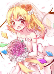 Rule 34 | 1girl, absurdres, alternate costume, bare shoulders, blonde hair, bouquet, bow, breasts, bridal gauntlets, bridal veil, bride, collarbone, dress, elbow gloves, eyebrows, flandre scarlet, flower, gloves, hair bow, hair flower, hair ornament, hanen (borry), highres, looking at viewer, off shoulder, open mouth, red eyes, side ponytail, simple background, small breasts, solo, touhou, upper body, vampire, veil, wedding dress, white dress, wings