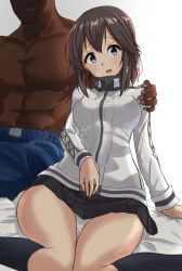 Rule 34 | 1boy, 1girl, bed, beer can, black legwear, black skirt, breasts, brown hair, can, commentary request, drink can, grey eyes, hayasui (kancolle), highres, indoors, jacket, kantai collection, looking at viewer, medium breasts, netorare, pleated skirt, shiba (zudha), shirt, short hair, sitting, skirt, solo focus, wariza, white shirt