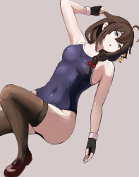 Rule 34 | 1girl, ahoge, alternate costume, black gloves, blue eyes, blue one-piece swimsuit, bow, braid, breasts, brown footwear, brown hair, brown thighhighs, collarbone, covered navel, fingerless gloves, flat4, gloves, grey background, hair between eyes, hair bow, hair ornament, hair over shoulder, hairpin, highleg, highleg swimsuit, highres, kantai collection, loafers, long hair, looking at viewer, medium breasts, one-piece swimsuit, open mouth, red bow, school swimsuit, shigure (kancolle), shigure kai ni (kancolle), shoes, single braid, solo, swimsuit, thighhighs