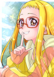 Rule 34 | 1girl, absurdres, aged up, alternate hair length, alternate hairstyle, blonde hair, blush, eyelashes, finger to mouth, highres, index finger raised, kasugano urara (yes! precure 5), kibou no chikara ~otona precure &#039;23~, long hair, looking at viewer, momo02634, precure, simple background, smile, solo, yellow eyes, yes! precure 5