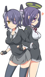 Rule 34 | 10s, 2girls, blush, breasts, checkered clothes, checkered necktie, checkered neckwear, eyepatch, fingerless gloves, gloves, halo, headgear, heart, ica, kantai collection, looking at viewer, mechanical halo, multiple girls, necktie, personification, purple eyes, purple hair, school uniform, short hair, simple background, skirt, smile, sweater, tatsuta (kancolle), tenryuu (kancolle), thighhighs, white background, yellow eyes, zettai ryouiki