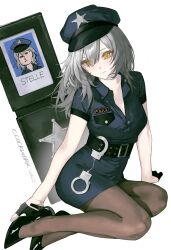 1girl absurdres alternate_costume belt black_belt black_dress black_gloves black_pantyhose blush breasts chinese_commentary closed_mouth collared_dress commentary_request cuffs dated dress full_body gloves grey_hair handcuffs hat high_heels highres honkai:_star_rail honkai_(series) long_hair medium_breasts pantyhose police police_badge police_hat police_uniform policewoman short_dress signature sitting solo stelle_(honkai:_star_rail) trailblazer_(honkai:_star_rail) tutou_jiang yellow_eyes yokozuwari