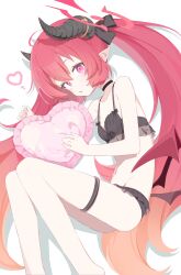 Rule 34 | 1girl, absurdres, black bra, black choker, black panties, blue archive, blush, bra, breasts, choker, collarbone, demon girl, demon horns, demon wings, frilled panties, frilled pillow, frills, gradient hair, hair between eyes, halo, heart, heart-shaped pillow, highres, horns, junko (blue archive), lingerie, long hair, looking at viewer, lying, multicolored hair, navel, on side, orange hair, panties, parted lips, pillow, pink eyes, pointy ears, red hair, red halo, red wings, revision, simple background, skinny, small breasts, solo, thigh strap, twintails, underwear, underwear only, urotsuki (2013.04), very long hair, white background, wings