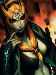 Rule 34 | 1girl, bellhenge, blue skin, breasts, colored sclera, colored skin, female focus, forehead jewel, front ponytail, highres, hood, large breasts, lipstick, long hair, makeup, md5 mismatch, midna, midna (true), nail polish, nintendo, orange hair, purple lips, red eyes, resized, resolution mismatch, solo, source smaller, spoilers, the legend of zelda, the legend of zelda: twilight princess, upper body, upscaled, yellow sclera