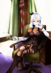 Rule 34 | 1girl, absurdres, black footwear, black thighhighs, blue eyes, boots, breasts, chair, crossed legs, feather hair ornament, gloves, hair ornament, hair ribbon, hand on own head, highres, holding, holding pen, long hair, looking at viewer, medium breasts, n.s.egg, open mouth, pen, ribbon, shirt, simple background, sitting, solo, thigh strap, thighhighs, warship girls r, washington (warship girls r), white gloves, white hair, white shirt
