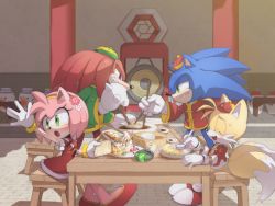 Rule 34 | 1girl, 3boys, :o, amy rose, anger vein, animal nose, blush, bracelet, chinese clothes, chopsticks, dress, elbow gloves, closed eyes, food, furry, furry female, furry male, gloves, green eyes, hat, holding, holding chopsticks, jewelry, knuckles the echidna, long sleeves, misuta710, multiple boys, red dress, restaurant, rivalry, sitting, snout, sonic (series), sonic the hedgehog, sonic unleashed, sweatdrop, table, tails (sonic), white gloves