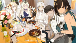 Rule 34 | 2boys, 4girls, ^ ^, alchemy stars, alternate costume, anniversary, backless dress, backless outfit, bare shoulders, bethlehem (alchemy stars), black hair, blonde hair, blue dress, blue eyes, bow, bowtie, bread, brown eyes, cake, carleen (alchemy stars), cat, champagne bottle, champagne flute, chopsticks, closed eyes, collared shirt, colored inner hair, creature, cup, dragon, dress, drinking glass, drinking straw, earrings, unworn eyewear, facing viewer, flower, food, food on face, fork, fruit, gloves, green eyes, green gloves, grey pants, hair flower, hair ornament, highres, holding, holding cup, holding removed eyewear, horns, indoors, jacket, jewelry, knife, lace, lace gloves, long hair, looking at viewer, menu, multicolored hair, multiple boys, multiple girls, necklace, one eye closed, own hands together, pants, photo background, pittman (alchemy stars), plate, ponytail, red hair, sariel (alchemy stars), scar, scar on arm, scar on face, shirt, short hair, siirakannu, sinsa (alchemy stars), sitting, sleeveless, sleeveless dress, strapless, strapless dress, strawberry, sunglasses, suspenders, sweatdrop, table, teeth, tourdog (character), v, very short hair, victoria (alchemy stars), viewfinder, white dress, white gloves, white hair, white jacket, white shirt
