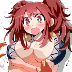 Rule 34 | 1girl, bad id, bad pixiv id, blush, breasts, cleavage, covering privates, covering breasts, crossed arms, fang, female focus, givuchoko, highres, large breasts, onozuka komachi, open mouth, reaching, red eyes, red hair, shaking head, solo, tears, touhou, translation request, twintails, two side up, white background