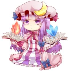 Rule 34 | 1girl, book, capelet, chibi, crescent, dress, female focus, fire, gem, hair ribbon, hat, long hair, magic circle, minato usagi, multicolored clothes, multicolored dress, patchouli knowledge, pink dress, purple eyes, purple hair, ribbon, sitting, solo, striped clothes, striped dress, touhou