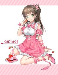 Rule 34 | 1girl, arm support, blush, bow, bowtie, brown hair, cake, closed mouth, commentary request, dated, food, fruit, full body, green eyes, high-waist skirt, high heels, holding, holding food, holding fruit, jokanhiyou, long hair, looking at viewer, neck ribbon, pink bow, pink bowtie, pink footwear, pink ribbon, pink skirt, ponytail, puffy short sleeves, puffy sleeves, ribbon, short sleeves, sitting, skirt, smile, solo, strawberry, wariza, white background