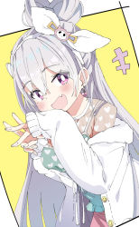 Rule 34 | 1girl, :d, hair between eyes, hourei tenten, ixy, jacket, long hair, looking at viewer, melty+, open mouth, pink eyes, silver hair, smile, solo, virtual youtuber, white background, white jacket, yellow background