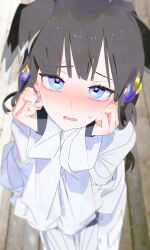 Rule 34 | 1girl, absurdres, alternate costume, animal ears, black hair, blue archive, blue eyes, blur censor, blurry, blurry background, blush, bm tol, censored, commentary, depth of field, dog ears, dog girl, embarrassed, hand on own chin, hand up, head rest, hibiki (blue archive), highres, lab coat, long hair, long sleeves, looking at viewer, nose blush, open mouth, solo, sweatdrop