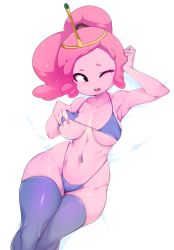 Rule 34 | 1girl, absurdres, adventure time, bikini, black eyes, blue bikini, blue thighhighs, breasts, collarbone, colored skin, commentary, english commentary, highres, looking to the side, medium breasts, navel, one eye closed, pink hair, pink skin, ponytail, princess bonnibel bubblegum, short hair, simple background, slugbox, solo, sweat, swimsuit, thighhighs, white background
