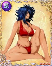 Rule 34 | 1girl, bare arms, bare legs, bare shoulders, barefoot, bastard!!, bikini, blue hair, breasts, card (medium), cleavage, collarbone, feet, groin, kai harn, large breasts, legs, looking at viewer, mobage, navel, purple eyes, red bikini, shiny skin, short hair, simple background, sitting, smile, solo, swimsuit, thighs, wavy hair