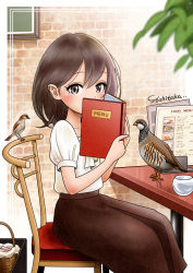 Rule 34 | 1girl, artist name, basket, bird, blush, brick wall, brown eyes, brown hair, brown skirt, chair, commentary request, covering own mouth, enomoto yoshitaka, glass, hair behind ear, hands up, highres, holding, holding menu, long skirt, looking at viewer, medium hair, menu, original, puffy short sleeves, puffy sleeves, shirt, short sleeves, signature, sitting, skirt, solo, table, white shirt