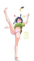 Rule 34 | !?, 1girl, arms up, asahi breweries, bare shoulders, barefoot, beer can, black hair, blunt ends, breasts, can, clothes lift, commentary, dated, drink can, drunk, eyelashes, falling, foam, full body, green eyes, green shirt, highres, kuuneru514, kyoumachi seika, large breasts, legs, navel, no pants, open mouth, panties, pantyshot, pink panties, shirt, shirt lift, signature, simple background, solo, spilling, t-shirt, thighs, toenails, toes, translated, underwear, voiceroid, white background, wide-eyed