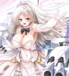 Rule 34 | 1girl, bare shoulders, breasts, bridal veil, brown eyes, cannon, cleavage, commentary request, conte di cavour (kancolle), cowboy shot, dress, foreshortening, frilled dress, frills, highres, jiji (creature), kantai collection, kentan (kingtaiki), large breasts, long hair, long sleeves, looking at viewer, silver hair, smile, solo, strapless, strapless dress, tiara, turret, two side up, veil, wedding dress, white dress