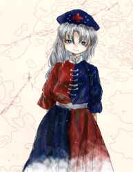 Rule 34 | 1girl, absurdres, asymmetrical sleeves, blue hat, blue sleeves, braid, closed mouth, collar, collared dress, commentary request, constellation print, cross, cross print, dress, fading, feet out of frame, frilled sleeves, frills, grey eyes, hat, highres, kai stiffa, lapels, long dress, long hair, long sleeves, looking at viewer, map background, mismatched sleeves, nurse cap, red cross, red sleeves, sash, sleeves past elbows, smile, solo, touhou, two-tone dress, white collar, white hair, white sash, yagokoro eirin, yellow background