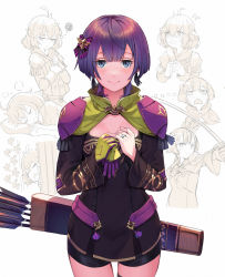 Rule 34 | 1girl, ahoge, armor, arrow (projectile), bernadetta von varley, black shirt, black shorts, blouse, blue eyes, blush, bow, bow (weapon), breasts, closed mouth, commentary, cowboy shot, drawing bow, drooling, dual persona, earrings, eyelashes, fire emblem, fire emblem: three houses, garreg mach monastery uniform, gloves, hair bow, highres, holding, holding bow (weapon), holding weapon, jewelry, kurosawa tetsu, lips, looking at viewer, multiple views, nintendo, partially colored, purple hair, quiver, ring, shirt, short hair, short shorts, shorts, shoulder armor, simple background, single glove, sleeping, small breasts, smile, squiggle, straight hair, sweatdrop, tassel, tassel earrings, thighs, wavy mouth, weapon, wedding band, white background, yellow gloves
