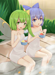 Rule 34 | 2girls, blue eyes, blue hair, blush, cirno, daiyousei, fairy wings, food, green eyes, green hair, hair ribbon, highres, ice, ice cream, ice wings, looking at viewer, lulumiya (abbb1233), multiple girls, naked towel, onsen, open mouth, partially submerged, ribbon, short hair, side ponytail, sitting, spoon, touhou, towel, water, wings