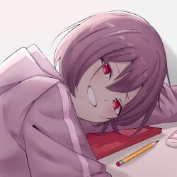 Rule 34 | 1girl, absurdres, blunt bangs, blush, bob cut, commentary, desk, dot nose, english commentary, eraser, highres, hood, hood down, hoodie, hunched over, long hair between eyes, long sleeves, looking at viewer, looking to the side, mmpro2474, notebook, pencil, pink eyes, pink hair, pink hoodie, resting, rock na kimi to wa owakare da, short hair, simple background, sitting, smile, solo, tuyu (band), upper body, white background, wooden pencil