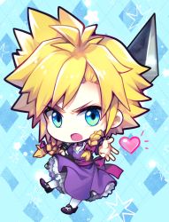 Rule 34 | blonde hair, blue eyes, braid, buster sword, chibi, cloud strife, cloud strife (ball gown), crossdressing, dress, final fantasy, final fantasy vii, frown, heart, male focus, mary janes, open mouth, purple dress, sebychu, shoes, solo, spiked hair, wall market