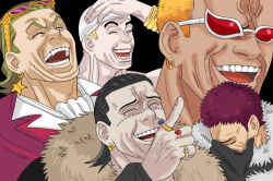 Rule 34 | 5boys, adam&#039;s apple, black hair, character request, charlotte katakuri, crocodile (one piece), donquixote doflamingo, earrings, enel, facepalm, hair slicked back, hand on own head, jewelry, laughing, male focus, manly, mature male, meme, mg cls, multiple boys, multiple rings, one piece, one piece film: gold, pale skin, parody request, pointing, pointing forward, ring, scar, scar on face, scar on nose, short hair, sideburns, stitches, thick neck, upper body, veiny face, wrinkled skin