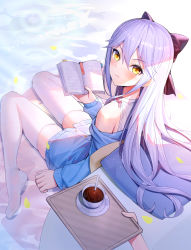 Rule 34 | 1girl, bad id, bad pixiv id, bare shoulders, blue jacket, book, bookmark, bow, brown bow, closed mouth, commentary request, cup, dress, hair between eyes, hair bow, holding, holding book, holding tray, jacket, long hair, long sleeves, looking at viewer, looking back, no shoes, off shoulder, open book, original, out of frame, petals, pillow, ririko (zhuoyandesailaer), saegusa riko, saucer, silver hair, sitting, sleeveless, sleeveless dress, solo focus, spoon, tray, very long hair, wariza, white dress, white legwear, yellow eyes
