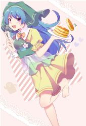 Rule 34 | 1girl, apron, barefoot, belt, blue hair, blush, bow, bowtie, breasts, buttons, commentary request, dress, eyes visible through hair, flower, food, fork, frills, green apron, green headwear, green scarf, hands up, haniwa (statue), haniyasushin keiki, head scarf, highres, leaf, leg up, long hair, looking at viewer, medium breasts, milll 77, open mouth, orange bow, orange bowtie, pancake, pink background, plate, pocket, puffy short sleeves, puffy sleeves, purple eyes, purple flower, scarf, short sleeves, smile, solo, standing, standing on one leg, striped, striped background, teeth, tongue, touhou, white background, white belt, wrist cuffs, yellow dress