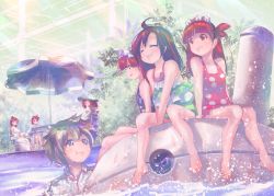 Rule 34 | 1boy, 6+girls, :d, ^ ^, ahoge, barefoot, beach umbrella, blunt bangs, brown eyes, brown hair, chair, closed eyes, commentary request, dutch angle, frilled swimsuit, frills, green headwear, hairband, kemurikusa, lolita hairband, long hair, looking at another, multiple girls, one-piece swimsuit, open mouth, pink eyes, pink one-piece swimsuit, plant, profile, red hair, riku (kemurikusa), rina (kemurikusa), riri (kemurikusa), ryoku (kemurikusa), ryou (kemurikusa), shiro (kemurikusa), short hair, sideways mouth, sitting, smile, spoilers, sunglasses, swimsuit, table, umbrella, usapenpen2019, wakaba (kemurikusa), water