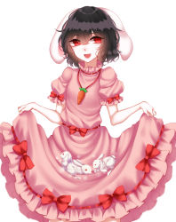 Rule 34 | 1girl, absurdres, animal ears, bad id, bad pixiv id, black hair, bow, carrot necklace, dress, floppy ears, highres, inaba tewi, looking at viewer, necklace, open mouth, pink dress, puffy short sleeves, puffy sleeves, rabbit, rabbit ears, red bow, ribbon trim, sheya, short hair, short sleeves, simple background, skirt basket, skirt hold, smile, solo, touhou, white background