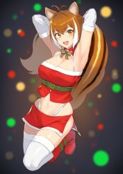 Rule 34 | 1girl, absurdres, animal ears, antenna hair, armpits, belt, blazblue, boots, bow, bowtie, breasts, brown eyes, brown hair, christmas, cleavage, elbow gloves, gloves, green belt, highres, large breasts, looking at viewer, makoto nanaya, microskirt, midriff, multicolored hair, navel, open mouth, purinnssu, santa boots, santa costume, skirt, solo, squirrel girl, squirrel tail, tail, thighhighs, two-tone hair, underbust