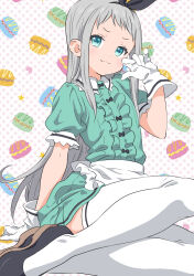 Rule 34 | 1boy, :3, apron, arm support, black footwear, black hairband, black ribbon, blend s, blue eyes, collared dress, commentary request, dokushibuki, dress, frilled apron, frills, full body, gloves, green dress, grey hair, hair ribbon, hairband, hand up, highres, kanzaki hideri, light blush, long hair, looking at viewer, macaron background, male focus, pink background, polka dot, polka dot background, puffy sleeves, ribbon, short sleeves, sidelocks, sitting, solo, thighhighs, trap, very long hair, white apron, white background, white gloves, white thighhighs