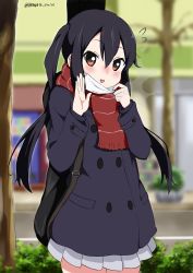 Rule 34 | 1girl, absurdres, artist name, black hair, blue coat, blush, brown eyes, bush, coat, commentary request, hair between eyes, highres, k-on!, long hair, looking at viewer, mask, miniskirt, mouth mask, nakano azusa, open mouth, outdoors, red scarf, scarf, skirt, solo, tree, twintails, twitter username, watermark, white gorilla (okamoto), white skirt