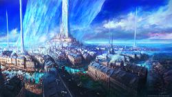 Rule 34 | blue sky, boat, city, cloud, crystal, final fantasy, final fantasy xvi, highres, official art, scenery, sky, square enix, takahashi kazuya, tower, water, watercraft